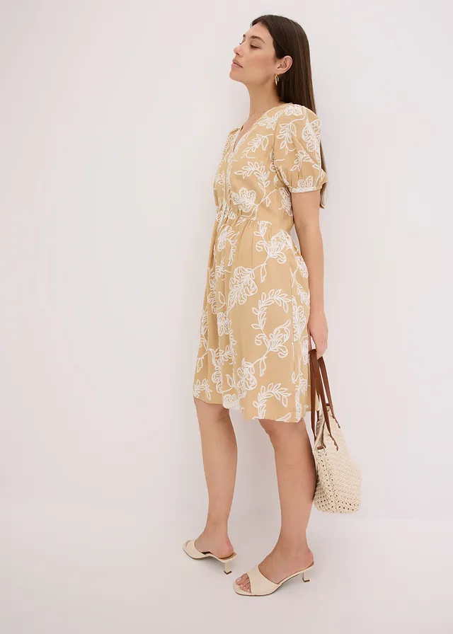 Tuniekjurk met borduursel van soepele viscose, Kleur: beige gebloemd