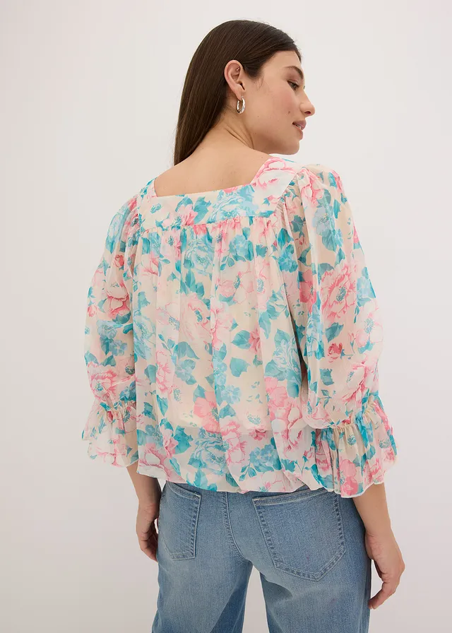 Blouse met ballonzoom, Kleur: beige gebloemd