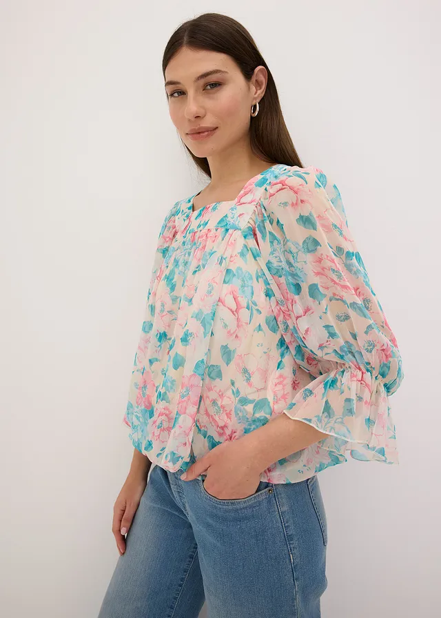 Blouse met ballonzoom, Kleur: beige gebloemd