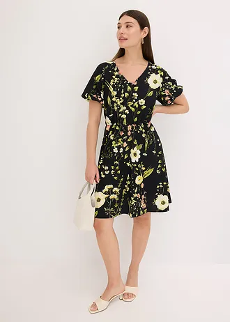 Jurk met pofmouwen, Kleur: zwart gebloemd