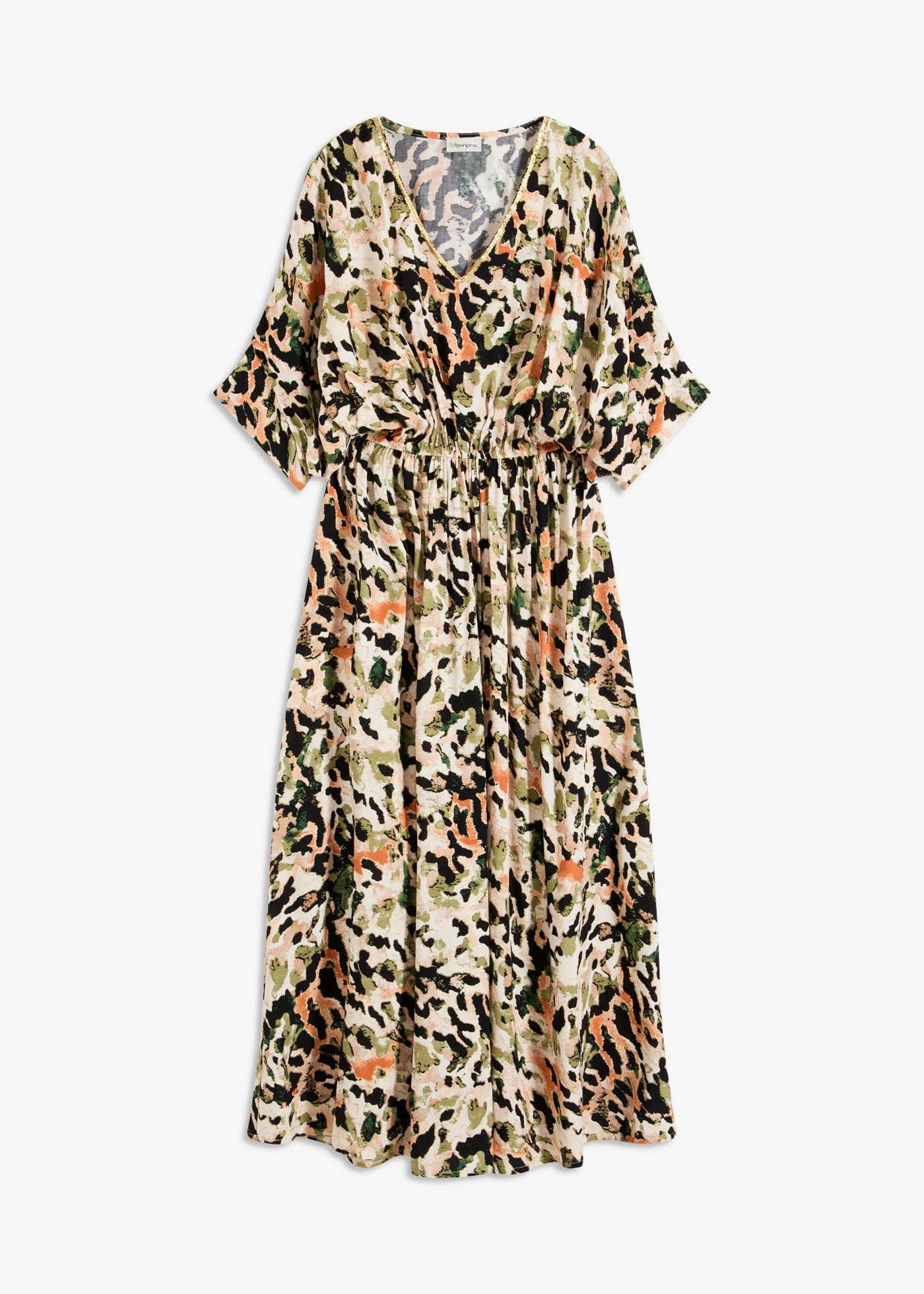 Maxi šaty ze splývavé viskózy s flitry • pískovo-černo-khaki s leopardím potiskem • bonprix obchod