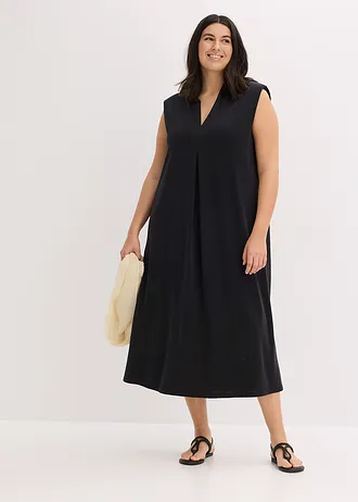 Rochie din jerse cu pernuțe la umeri, cu viscoză, culoare: negru