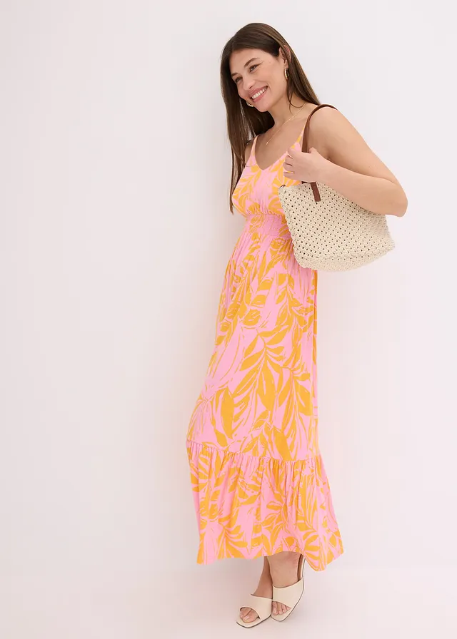 Robe à fines bretelles en jersey viscose, Couleur: orange/magenta