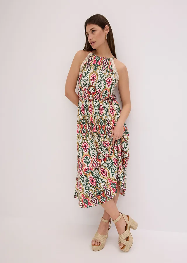 Robe midi à dentelle, Couleur: crème-vert-rose vif imprimé