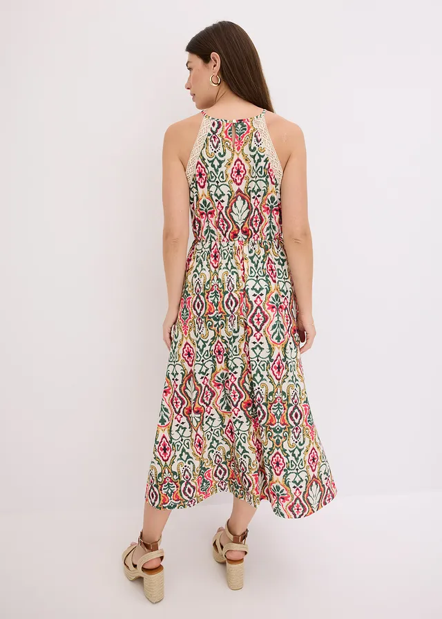 Robe midi à dentelle, Couleur: crème-vert-rose vif imprimé
