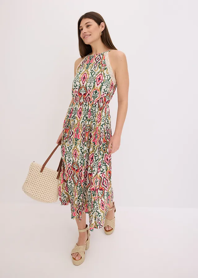Robe midi à dentelle, Couleur: crème-vert-rose vif imprimé