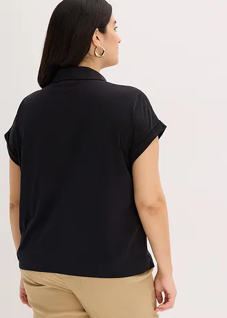 Triko polo z viskózového piké, s krajkovou vsadkou, barva: černá
