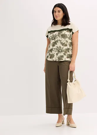 T-shirt oversize avec un galon de dentelle, Couleur: écru-olive paisley