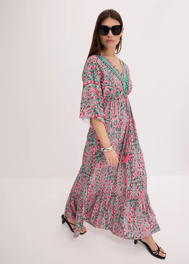 Maxi jurk van soepele viscose, Kleur: pink-turkoois
