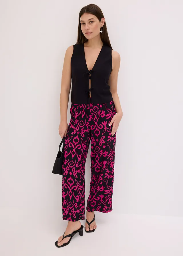 Pantalon large en viscose fluide, Couleur: noir/magenta