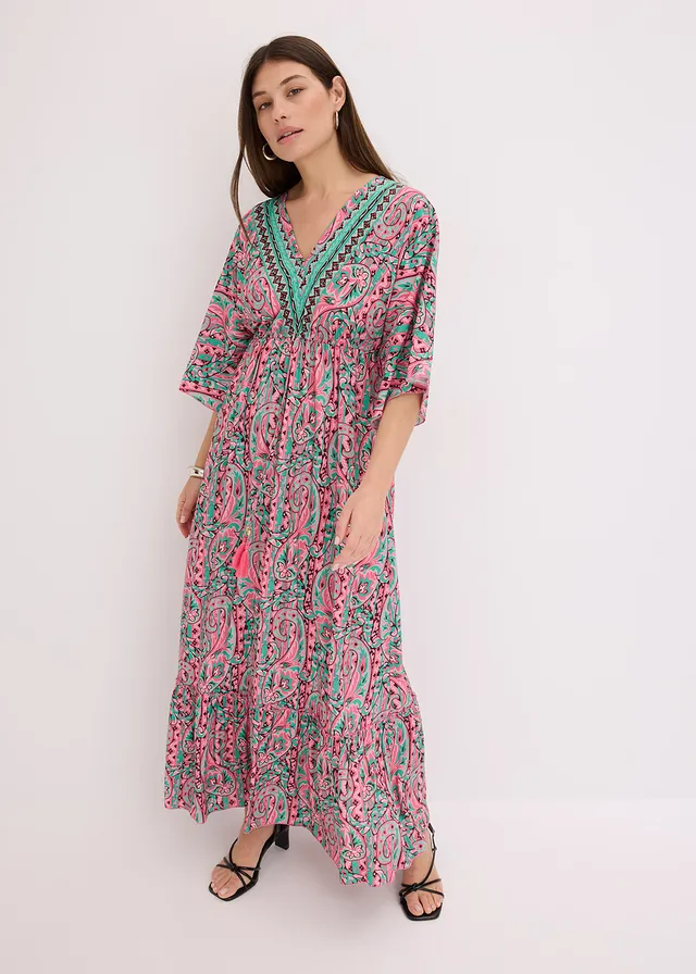 Maxi jurk van soepele viscose, Kleur: pink-turkoois