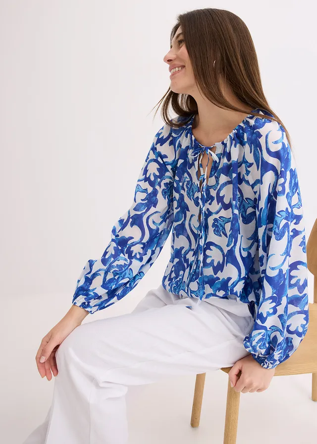 Gedessineerde tuniek • wit-blauw gebloemd • product-page.page-title-suffix