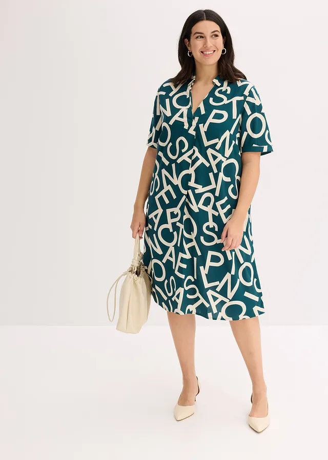 Robe en viscose fluide, Couleur: vert poivre/beige galet graphique