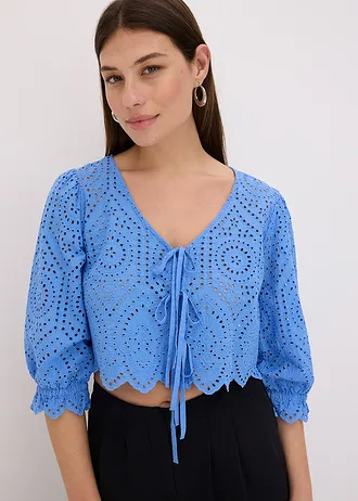 Blouse met broderi anglaise en pofmouwen, Kleur: middenblauw