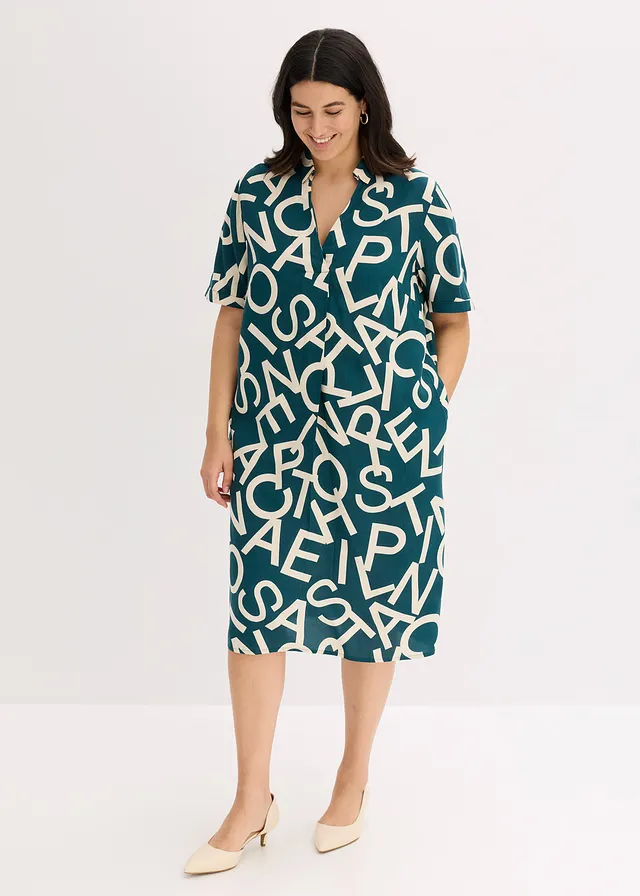 Robe en viscose fluide, Couleur: vert poivre/beige galet graphique