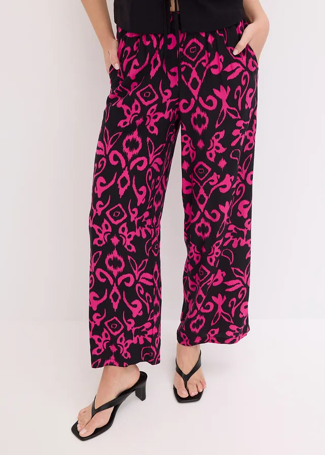 Pantalon large en viscose fluide, Couleur: noir/magenta