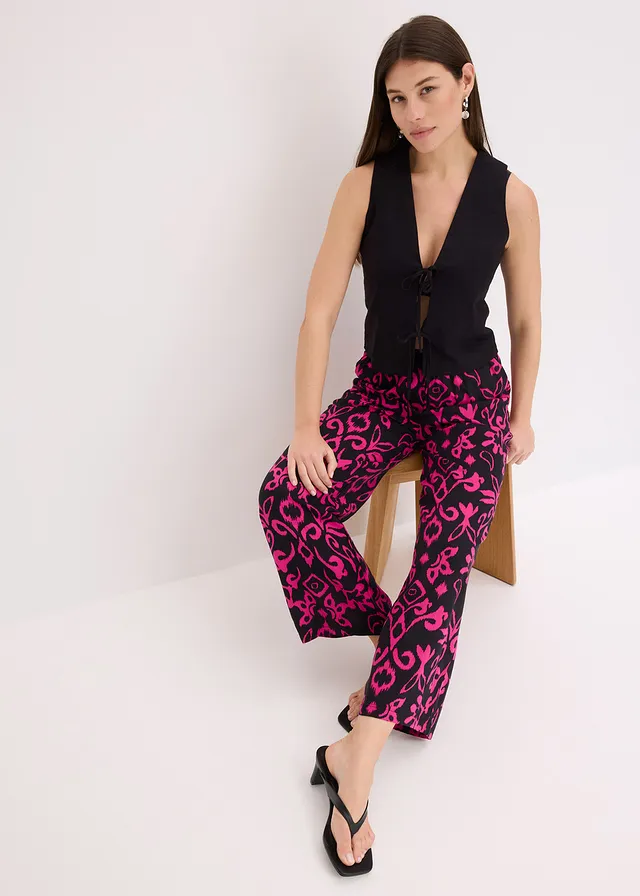 Gedessineerde Marlene Dietrich broek van soepele viscose • zwart/pink • product-page.page-title-suffix