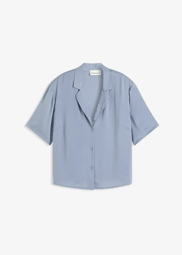 Blouse met reverskraag van satijn • rookblauw • bonprix online shop
