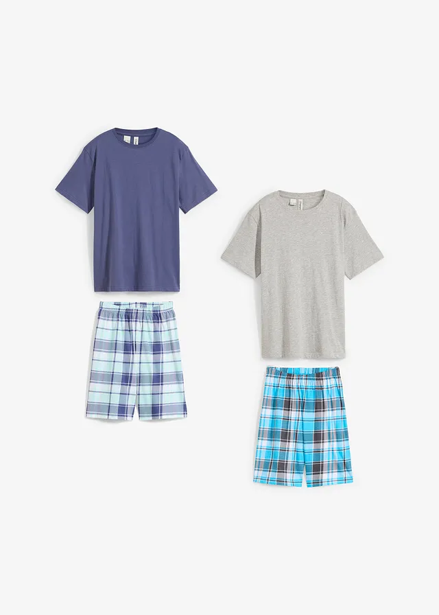 Lot de 2 pyjashorts en coton doux • gris clair chiné + indigo/turquoise + menthe carreaux • product-page.page-title-suffix