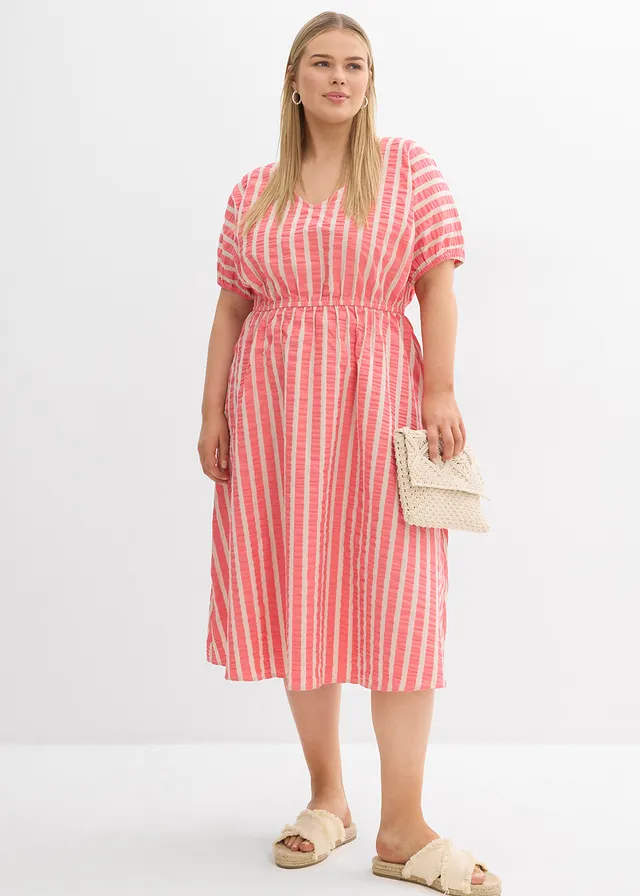 Robe 100% coton, Couleur: fuchsia clair-sable clair rayé