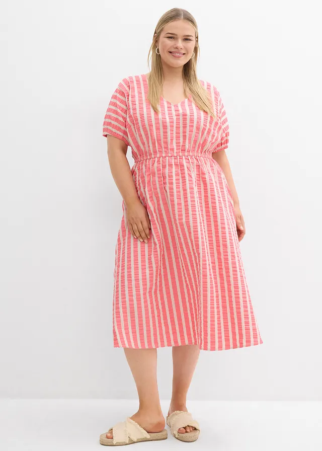 Robe 100% coton, Couleur: fuchsia clair-sable clair rayé