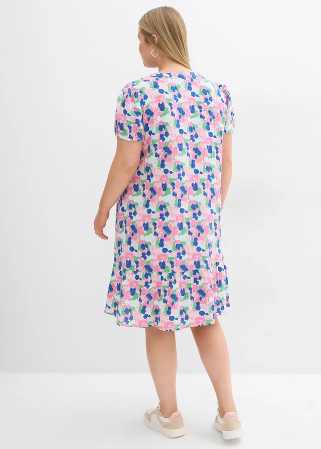 Jurk van zachte mousseline, Kleur: wolwit-opaalgroen-roze poudre-felroze-arctisch blauw gebloemd