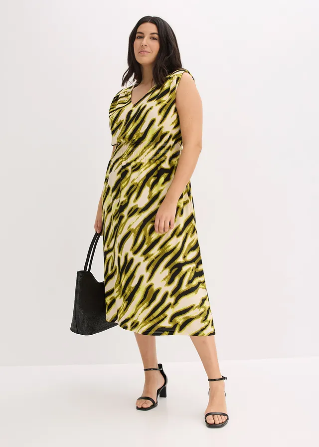 Robe en jersey à taille smockée, Couleur: beige naturel/noir imprimé zèbre