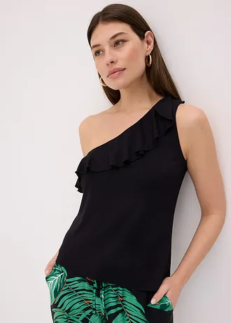 One shoulder top met volant in een zachte viscosemix, Kleur: zwart