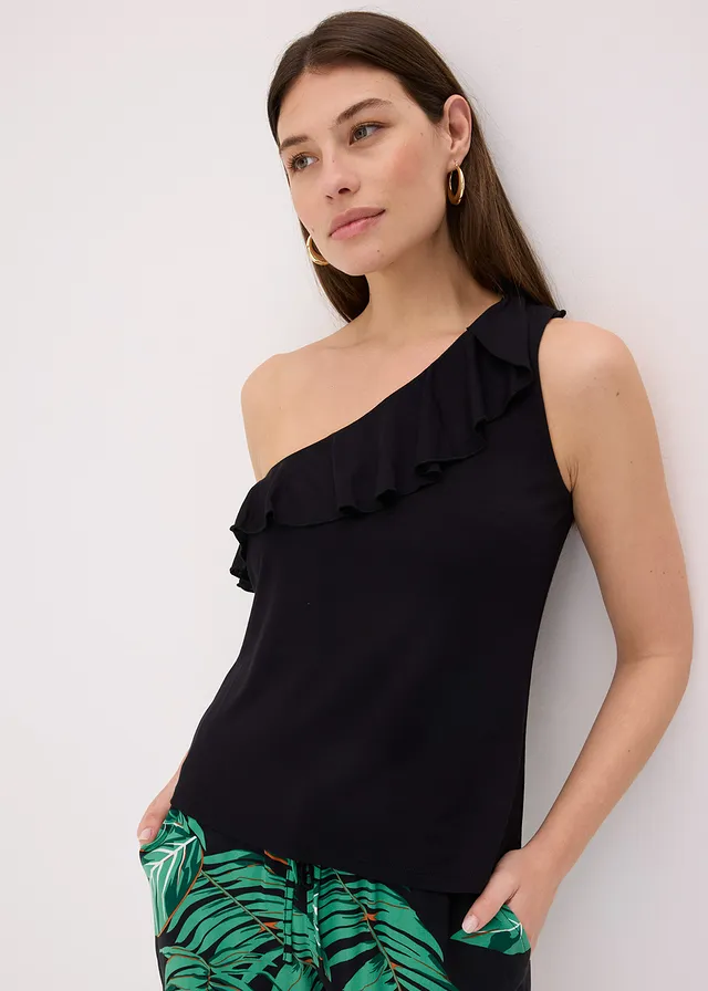Top asymétrique avec volant en viscose douce et extensible • noir • product-page.page-title-suffix