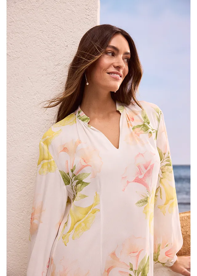 Soepel vallende tuniekjurk • wit-melba-tulpengeel-lichtzalm-mat pistache gebloemd • product-page.page-title-suffix