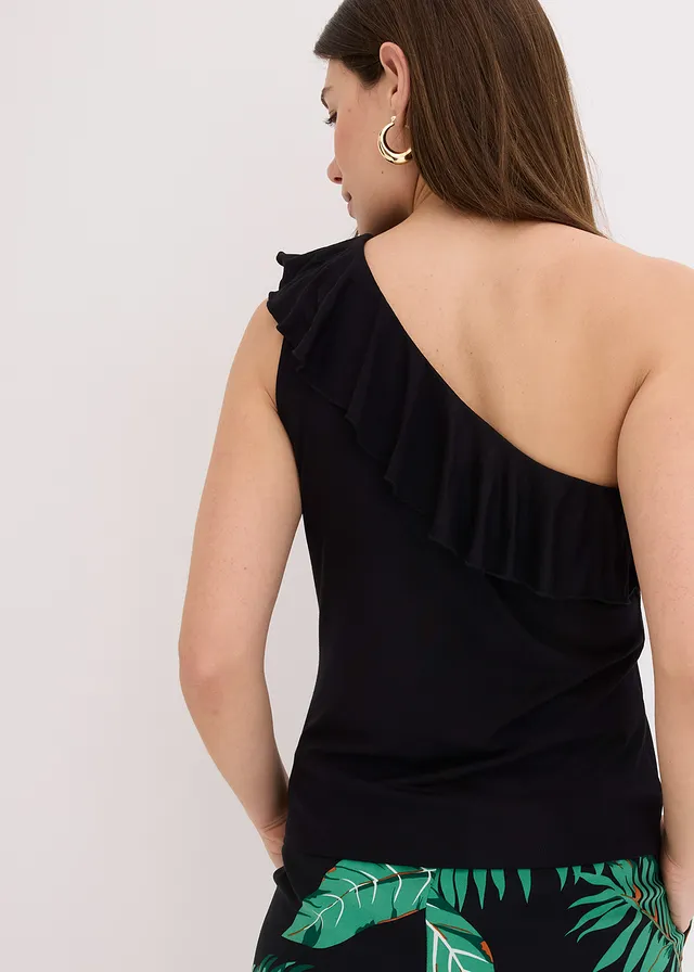 One shoulder top met volant in een zachte viscosemix • zwart • product-page.page-title-suffix
