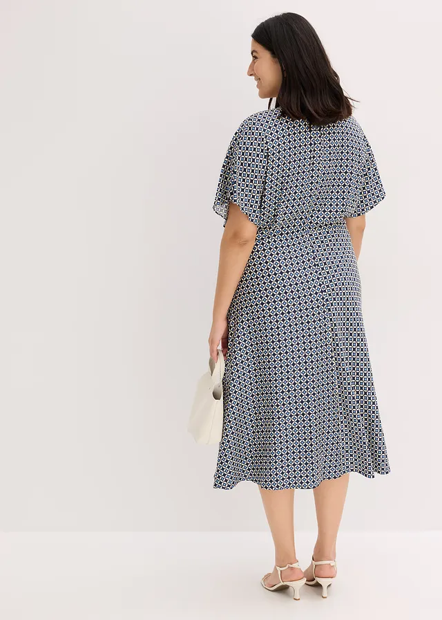 Robe en viscose fluide, Couleur: beige naturel/bleu foncé/bleu moyen graphique