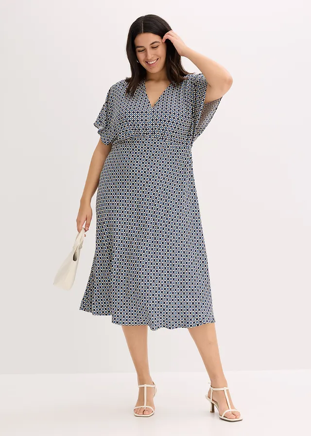 Robe en viscose fluide, Couleur: beige naturel/bleu foncé/bleu moyen graphique