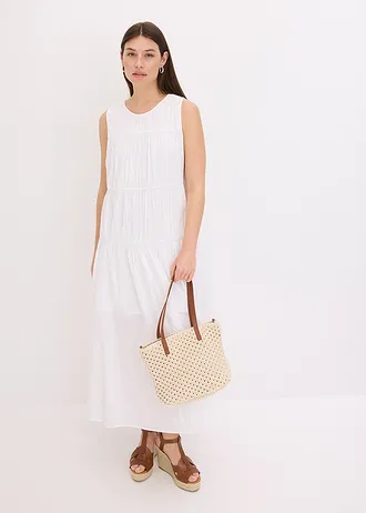 Maxi jurk van katoen met plooitjes, Kleur: wit