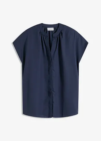 Blouse met korte mouwen en blinde knoopsluiting, Kleur: donkerblauw