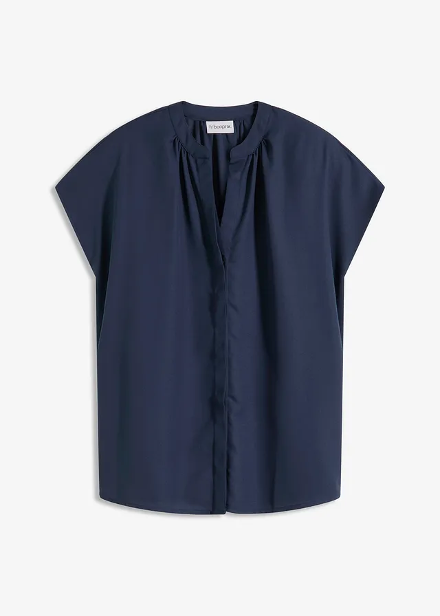 Blouse met korte mouwen en blinde knoopsluiting, Kleur: donkerblauw