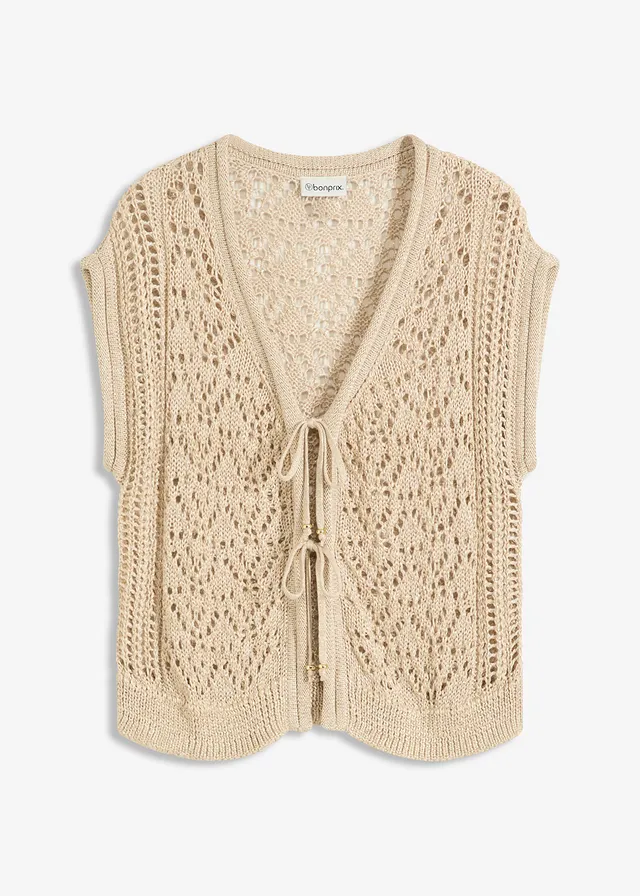 Ajour gebreid vest met viscose en glittergaren • lichtsand-metallic goud • bonprix online shop