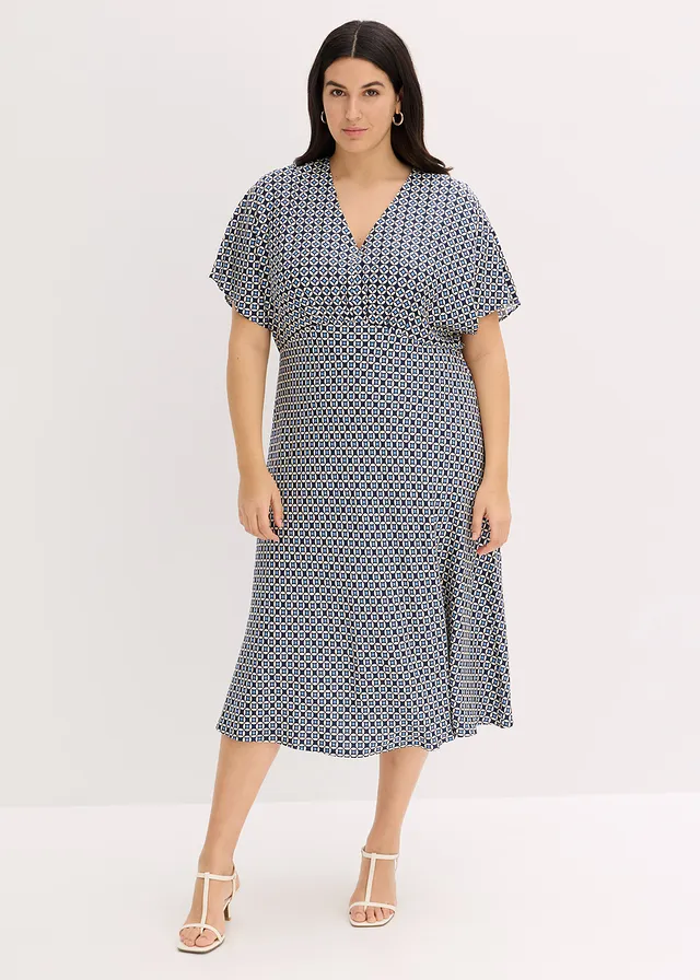Robe en viscose fluide, Couleur: beige naturel/bleu foncé/bleu moyen graphique