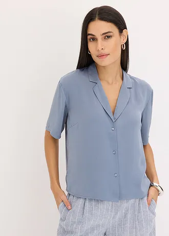 Blouse met reverskraag van satijn • rookblauw • bonprix online shop