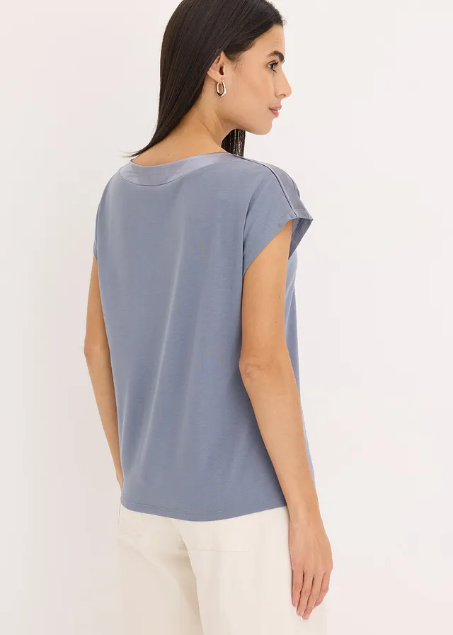 Shirt met passen van satijn, Kleur: rookblauw