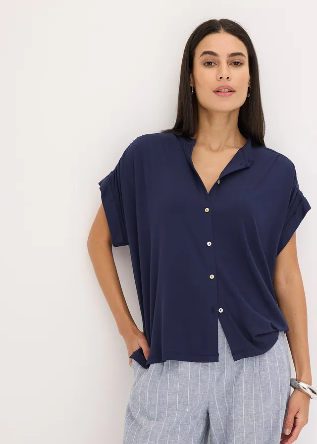Blouse in een zachte viscosemix, Kleur: donkerblauw