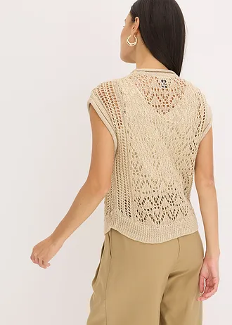 Vestă tricotată cu viscoză și fir sclipitor, model ajurat • bej nisipiu/auriu metalic • magazin bonprix