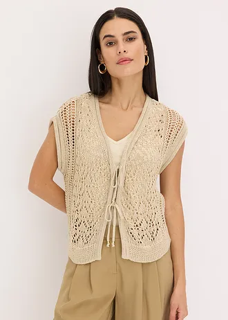 Ajour gebreid vest met viscose en glittergaren • lichtsand-metallic goud • bonprix online shop