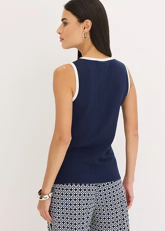 Jersey tanktop met contrasterende boorden, Kleur: donkerblauw-natuurbeige