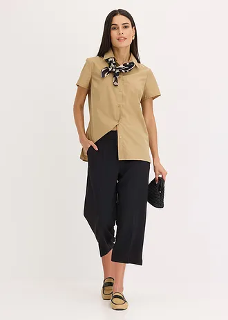 Popeline blouse met korte mouwen, Kleur: kakibruin