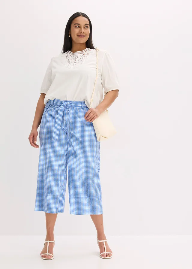 Pantalon à imprimé Vichy, Couleur: écru/bleu moyen carreaux