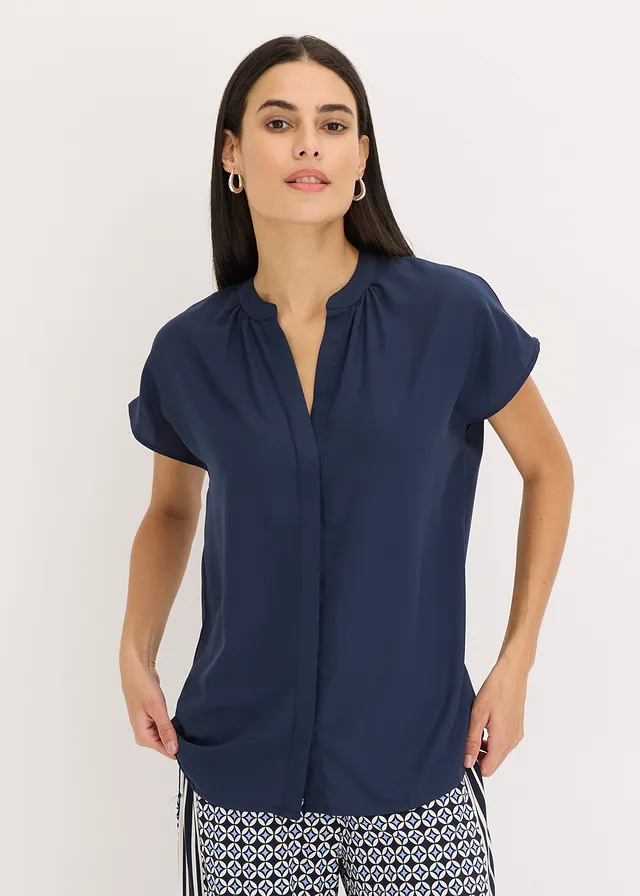 Blouse met korte mouwen en blinde knoopsluiting, Kleur: donkerblauw