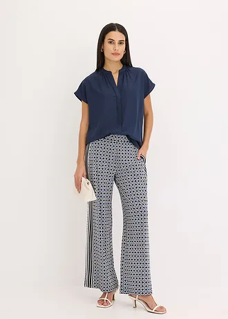 Blouse met korte mouwen en blinde knoopsluiting, Kleur: donkerblauw