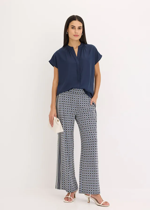 Blouse met korte mouwen en blinde knoopsluiting, Kleur: donkerblauw
