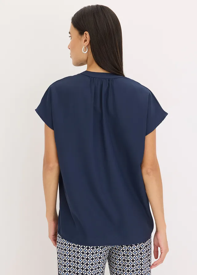 Blouse met korte mouwen en blinde knoopsluiting, Kleur: donkerblauw